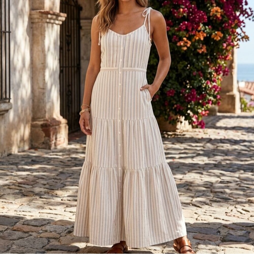 Veronica Beard Windansea Midi Dress Striped Printed Tiered Resort S 282176